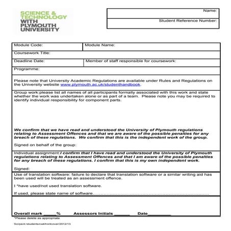 Coursework front cover sheet 12 13