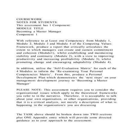 COURSEWORKNOTES FOR STUDENTSThis assessment has 1 Component