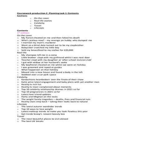 Coursework production 2 planning task 1 contents