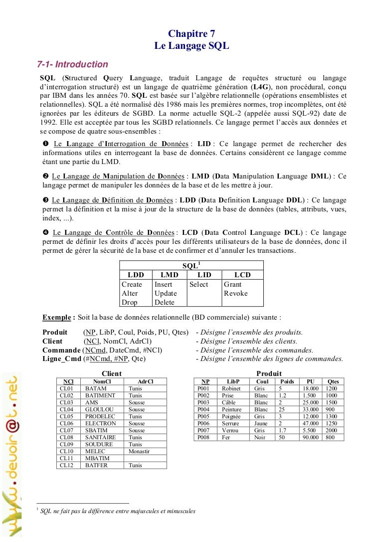 Cours Sql Base De Donnees Bac Informatique 2009 2010