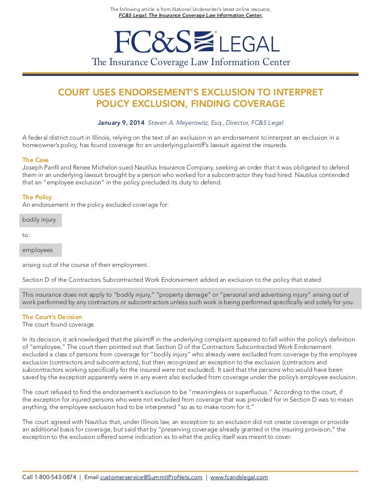 Court Uses Endorsement¹s Exclusion to Interpret Policy Exclusion, Fin…