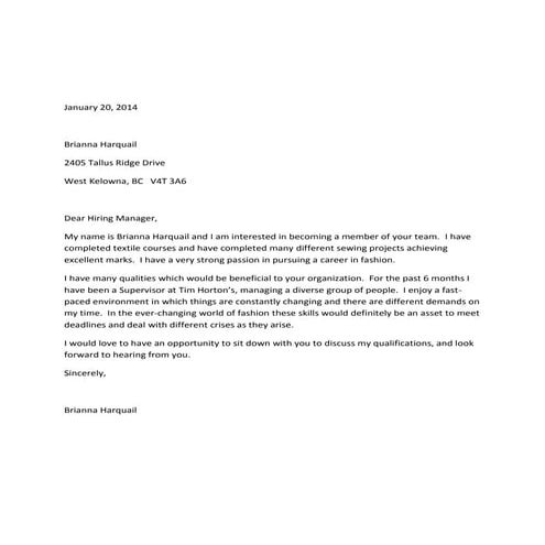 Tim Hortons - Letter of Reference | PDF
