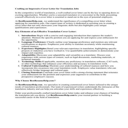 Cover Letter For Translation Work. Showcase your a