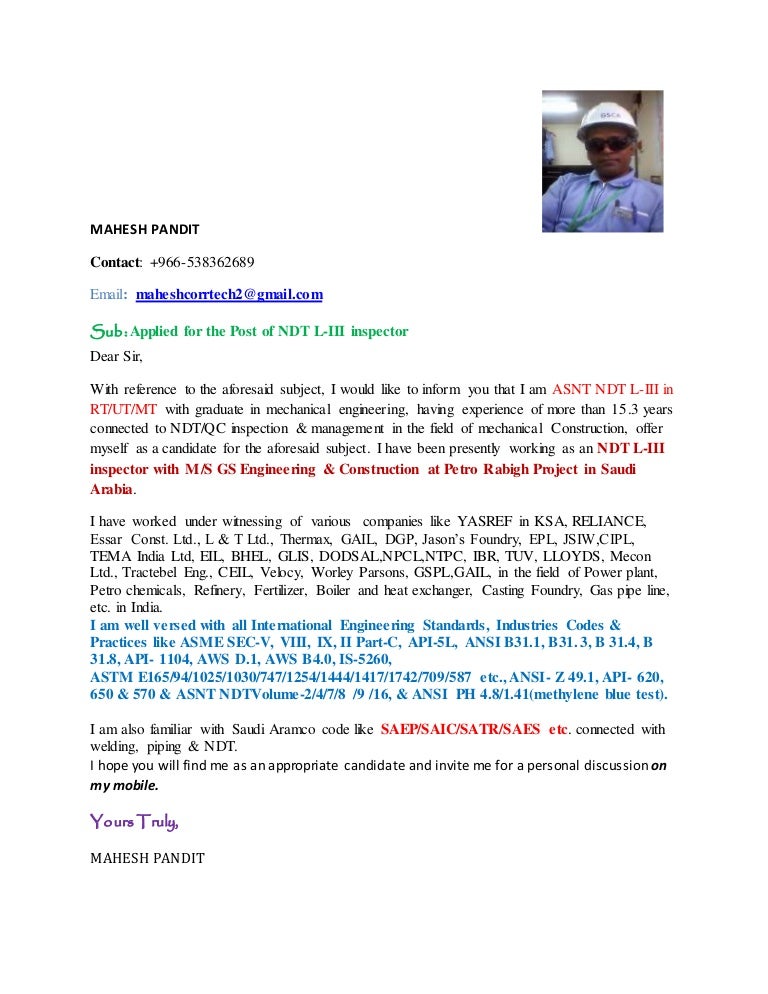 cover letter of mahesh pandit for ndt l iii ndt resume