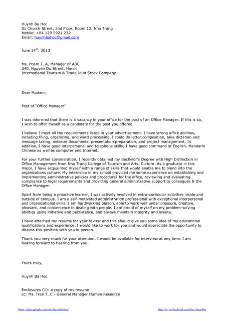 Cover letter sample for a fresh graduate of office administration