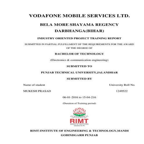 project report file on telecommunication(report file on vodafone)