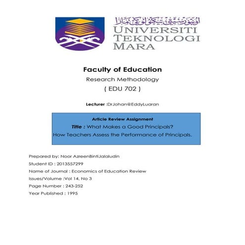 Article Review:What Makes a Good Principal?How Teachers Assess the Performanc...
