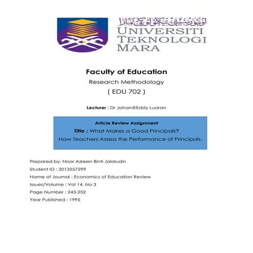 Article Review:What Makes a Good Principal? How Teachers Assess the Performan...