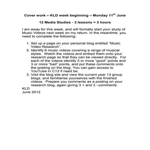 Cover work – kld week beginning – monday 11th june