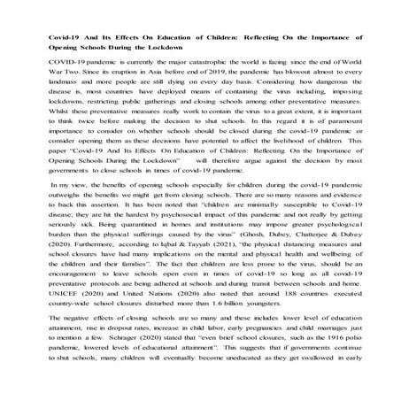 Covid-19 And Its Effects On Education of Children: Reflecting On the Importan...
