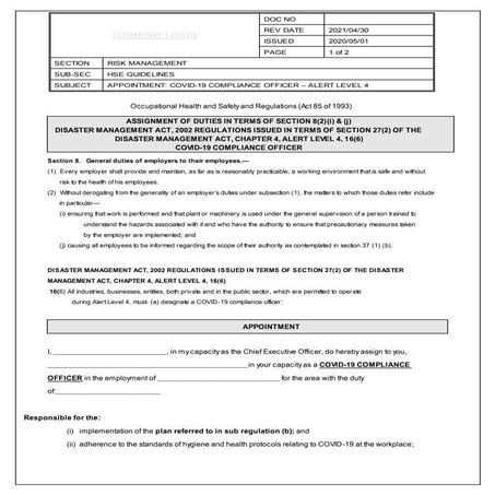  m10 -Covid 19 compliance officer