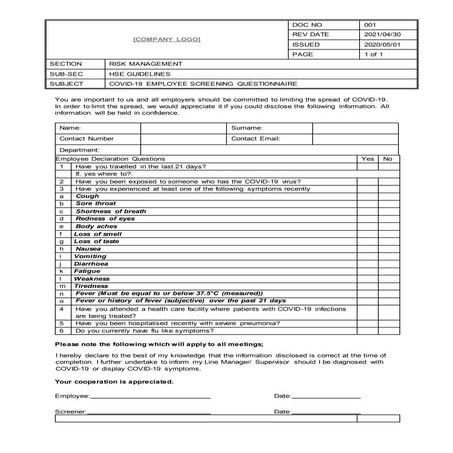 Covid 19 employee screening