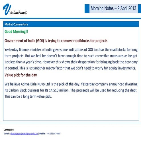 CP Artha morning notes-09 april 2013