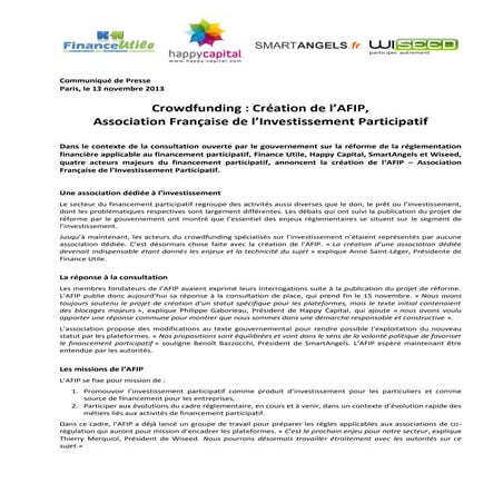Crowdfunding : Création de l’AFIP,  Association Française de l’Investissement Participatif 