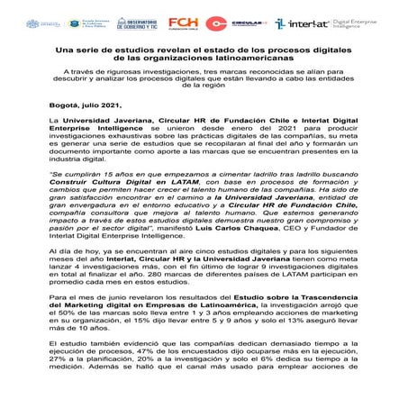 Comunicado de Prensa de los Estudios Digitales de Interlat