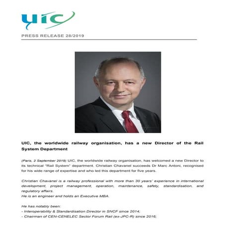 UIC, the worldwide railway organisation, has welcomed a new Director to its technical “Rail System” department
