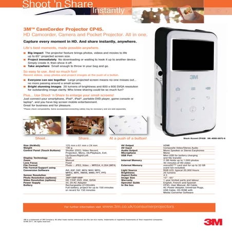 3M Camcorder Projector CP45 specification sheet