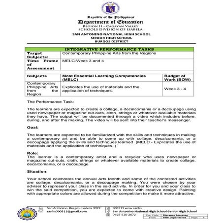 Performance task in Contemporary Arts for the Region