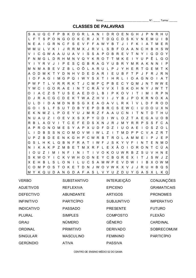 Caça-palavras classes de palavras