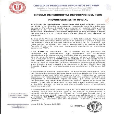 PRONUNCIAMIENTO DEL CÌRCULO DE PERIODISTAS DEPORTIVOS DEL PERÙ