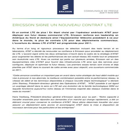 Ericsson signe un nouveau contrat LTE - Février 2010