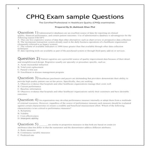 CPHQ Exam Sample Questions By Dr.Mahboob Khan Phd