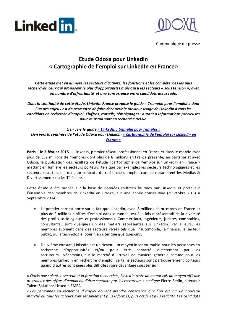 Communique Etude Odoxa Pour Linkedin Cartographie De L Emploi Sur