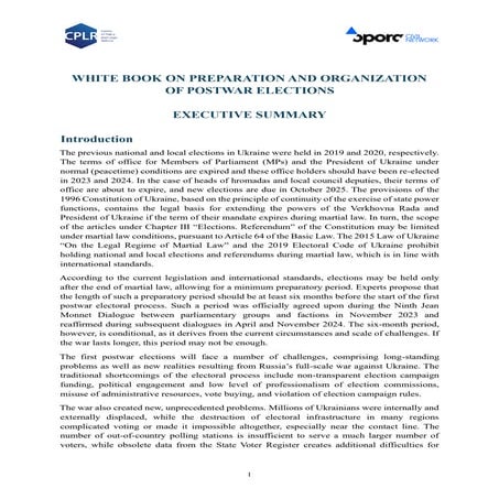 WHITE BOOK ON PREPARATION AND ORGANIZATION OF POSTWAR ELECTIONS EXECUTIVE SUM...