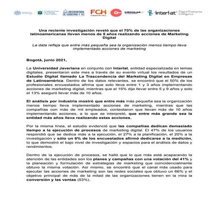 Comunicado de prensa: Estudio sobre la Trascendencia del Marketing Digital en...