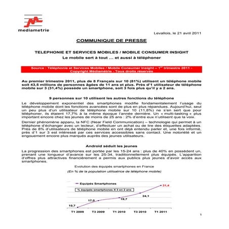 TELEPHONIE ET SERVICES MOBILES / MOBILE CONSUMER INSIGHT - CP Médiamétrie Avr...