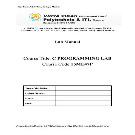 C programming Lab Manual 15 me47p | PDF