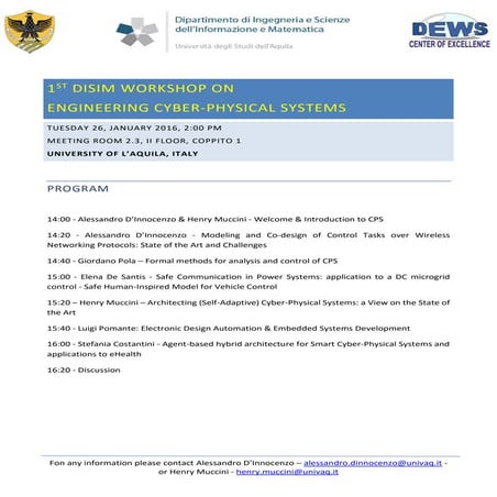 1ST DISIM WORKSHOP ON ENGINEERING CYBER-PHYSICAL SYSTEMS