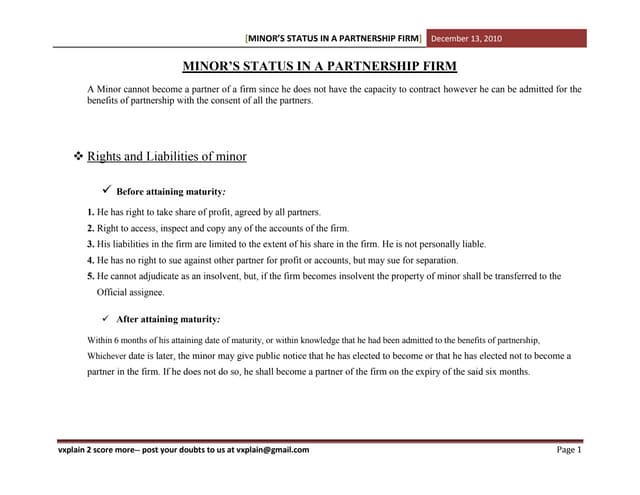 CPT Law Minor's status in Partnership Firm
