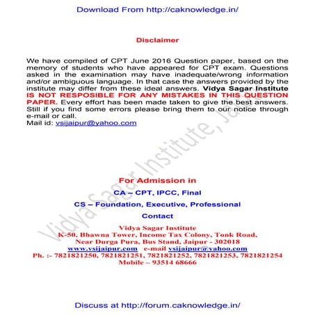 Cpt question paper June 2016 with answer key 