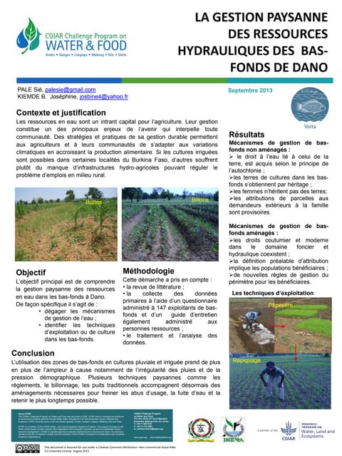LA GESTION PAYSANNE DES RESSOURCES HYDRAULIQUES DES BAS‐FONDS DE DANO