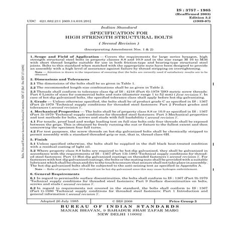 Indian standard specification for high strength structural bolts