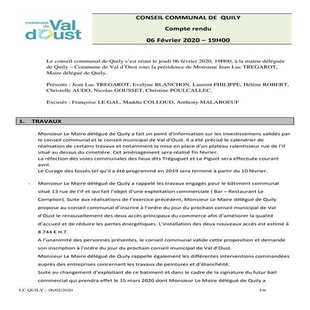 Val d'Oust. Les décisions du conseil communal de Quily