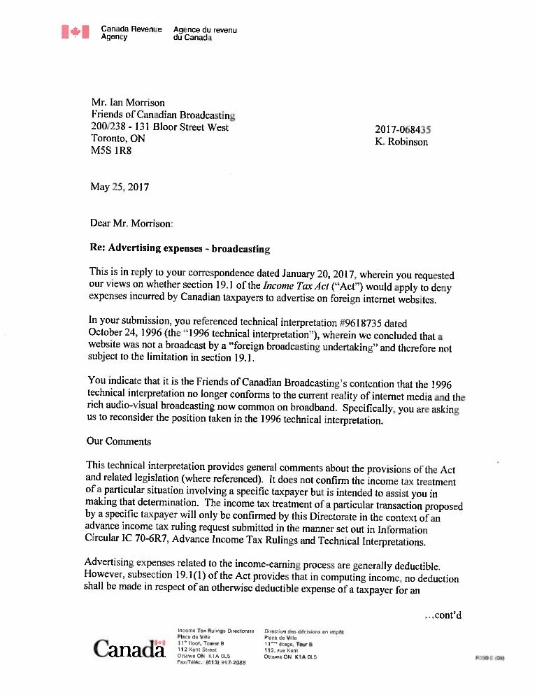 CRA letter to FRIENDS regarding digital advertising expenses