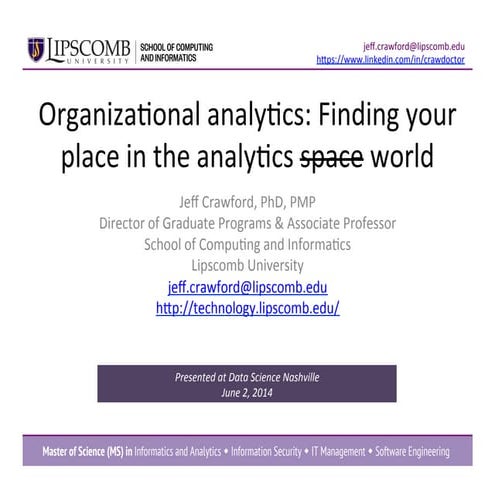 Finding your place in the analytics space (presentation at the Nashville Data Science meetup on 6/2/14)