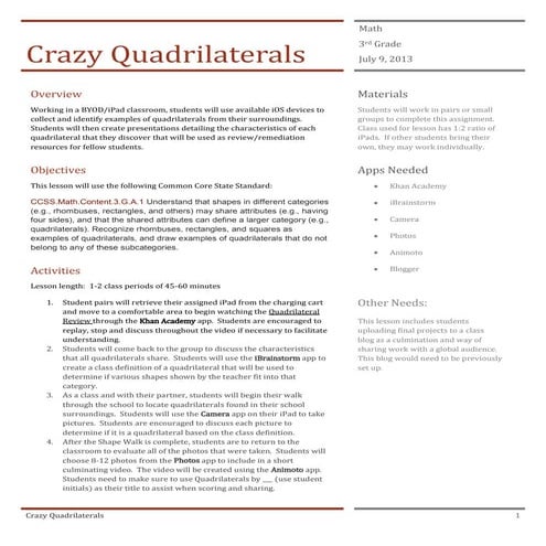 Lesson Plan On Quadrilateral Using Inquiry Based Method Docx