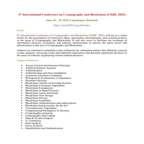 5th International Conference on Cryptography and Blockchain (CRBL 2025)