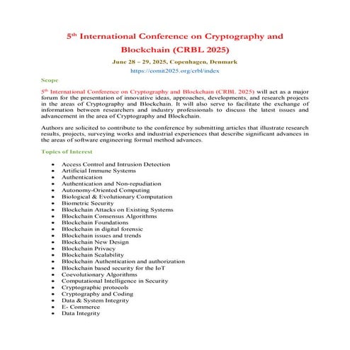 5th International Conference on Cryptography and Blockchain (CRBL 2025)
