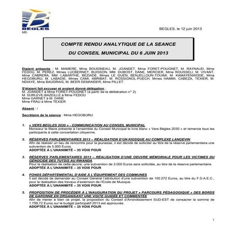 Compte-rendu du Conseil municipal du 06 juin 2013