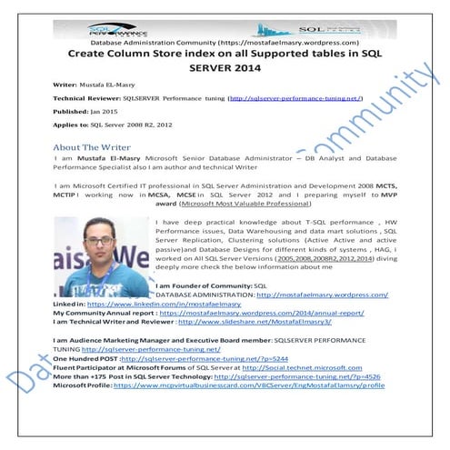 Create column store index on all supported tables in sql server 2014    copy