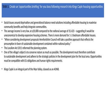 Research into Kings Cable housing opportunities.