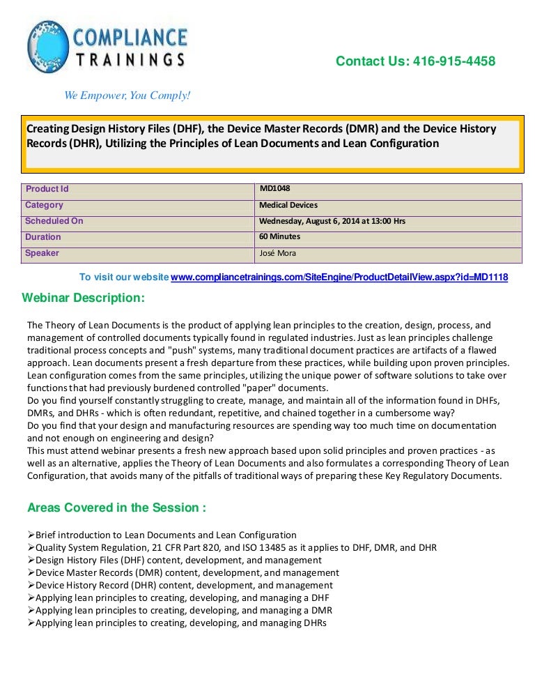 inar On Creating Design History Files (DHF), the Device Master Rec…