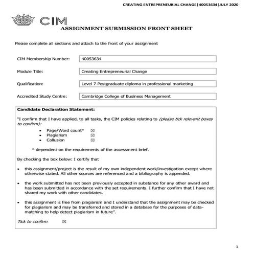Creating entrepreneurial change CIM ASSIGNMENTS 
