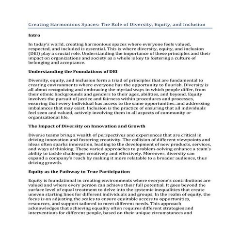 Creating Harmonious Spaces The Role of Diversity, Equity, and Inclusion.