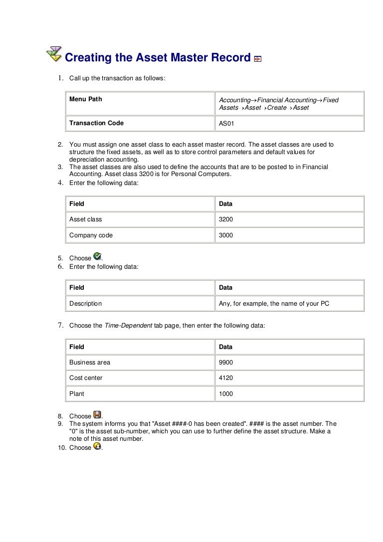 Creating the asset master record