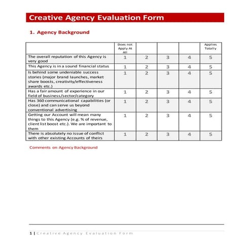 Creative agency evaluation form